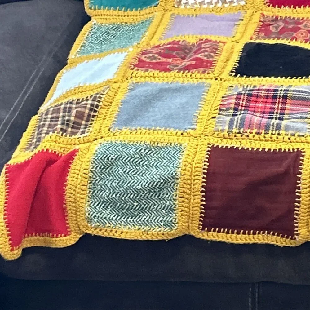 Vintage Handmade Patchwork Crochet‎ Blanket Throw Afghan Multi Color Square Knit